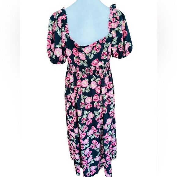 Unique Vintage Floral Pink and Black midi/maxi Dress w/sweetheart neck size L - Picture 3 of 8